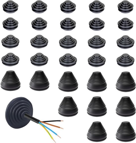 Piramidekabeldoorvoeren van zwart rubber, 30 stuks in 3 maten (10 mm, 20 mm, 30 mm) voor flexibele afdichting en elektrische kabelbescherming, ideaal voor isolatie en kabelbeheer van Merkloos