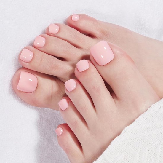 plaknagels voor de tenen, 24 stuks press-on korte teennagels, zachte roze vierkante nagels, herbruikbare nagelkit met mini-vijl, lente cadeau voor vrouwen en meisjes