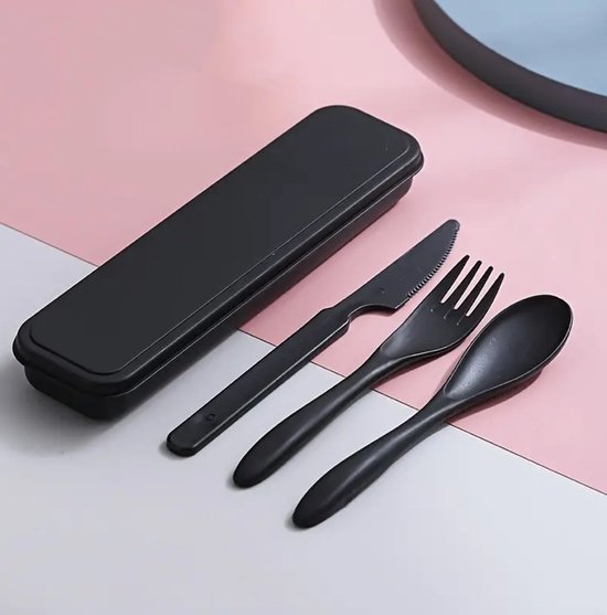 Plastic meeneem bestek in doosje zwart - picnic - eten - werk - camping