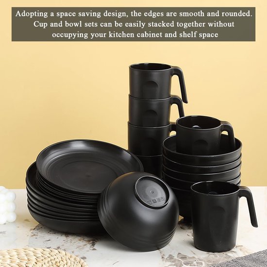 Plastic servies sets 24pcs voor 6, herbruikbare borden en kommen sets, schotel set omvatten diner borden, dessert bord, ontbijtgranen kommen, kopjes voor thuis, tuin, picknick, camping, zwart