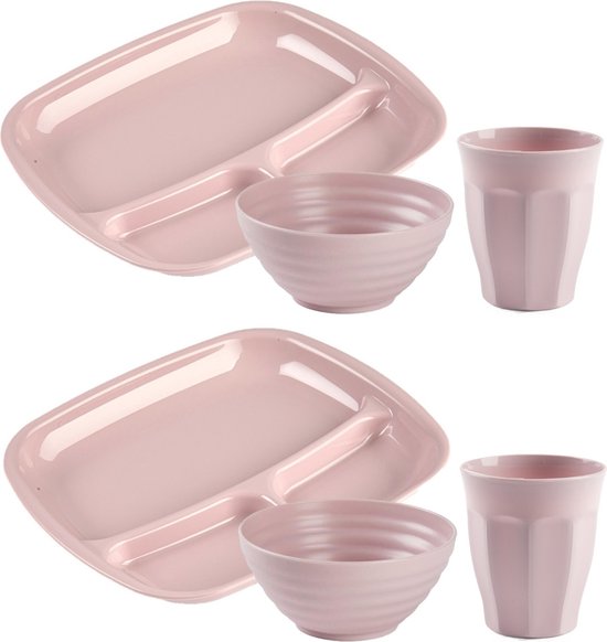 Plasticforte Camping Servies set 18 delig - kunststof - roze - 6x vakjesborden/6x drinkbekers/6x kommetjes - onbreekbaar