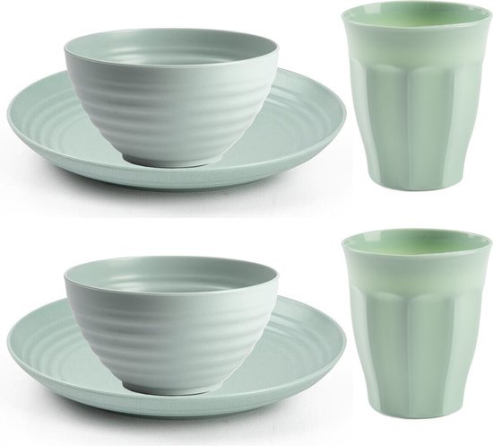 Plasticforte Camping Servies set 24 delig - kunststof - mintgroen - 8x borden/8x drinkbekers/8x kommetjes - onbreekbaar