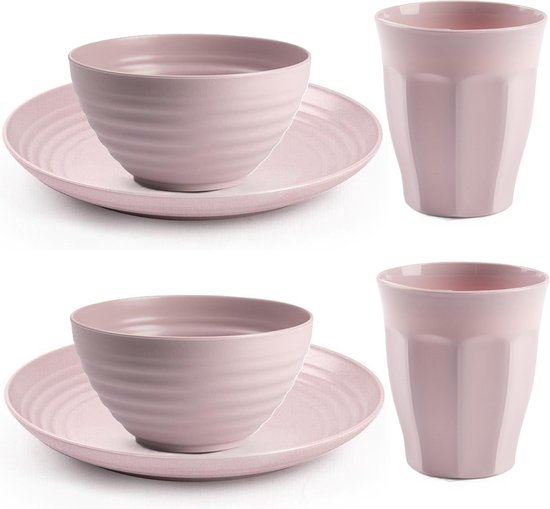 Plasticforte Camping Servies set 30 delig - kunststof - roze - 10x borden/10x drinkbekers/10x kommetjes - onbreekbaar van Plasticforte