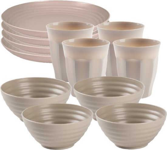 Plasticforte Camping Servies set - kunststof - beige - 4x borden/4x drinkbekers/4x kommetjes - onbreekbaar van Merkloos
