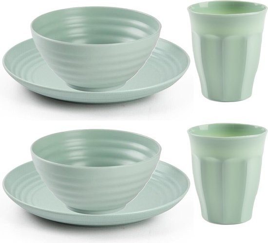 Plasticforte Camping Servies set - kunststof - mintgroen - 6x borden/6x drinkbekers/6x kommetjes - onbreekbaar