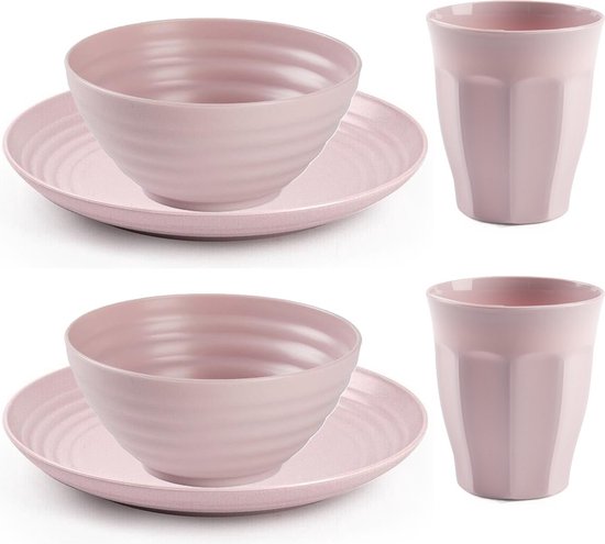 Plasticforte Camping Servies set - kunststof - roze - 6x borden/6x drinkbekers/6x kommetjes - onbreekbaar van PlasticForte
