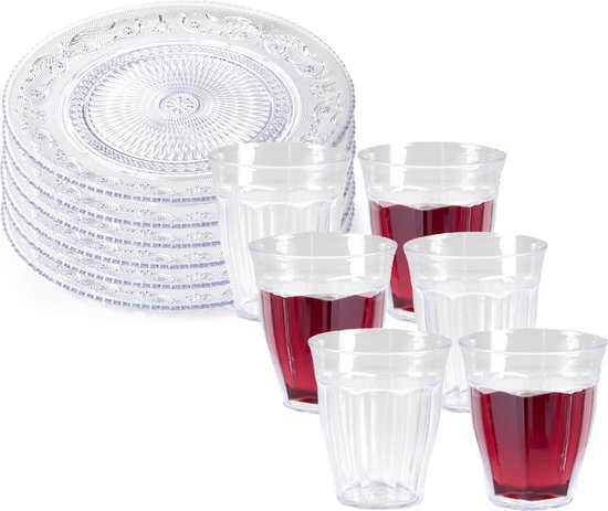 Plasticforte camping servies van kunststof - 12x dinerborden dia 25 cm en 12x drinkbekers 250 ml - transparant - onbreekbaar