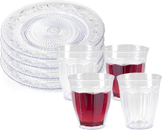 Plasticforte camping servies van kunststof - 4x dinerborden 25 cm en 4x drinkbekers 250 ml - transparant - onbreekbaar