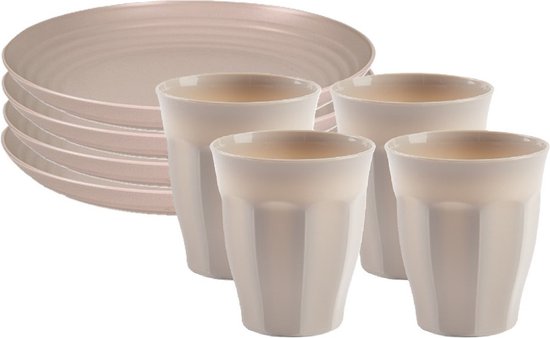 Plasticforte camping servies van kunststof - 4x dinerborden en 4x drinkbekers - beige - onbreekbaar van Merkloos