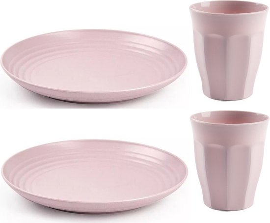 Plasticforte camping servies van kunststof - 4x dinerborden en 4x drinkbekers - roze - onbreekbaar van Plasticforte