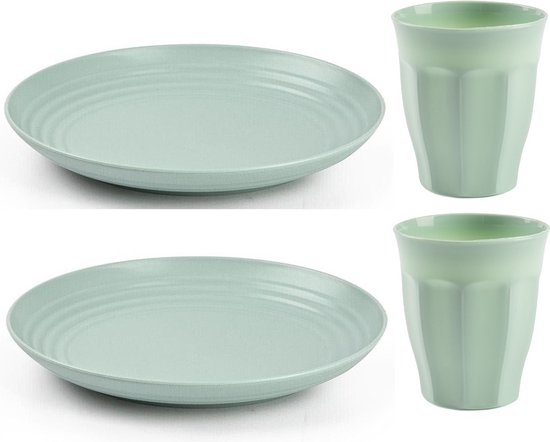 Plasticforte camping servies van kunststof - 8x dinerborden en 8x drinkbekers - mintgroen - onbreekbaar