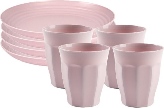 Plasticforte camping servies van kunststof - 8x dinerborden en 8x drinkbekers - roze - onbreekbaar