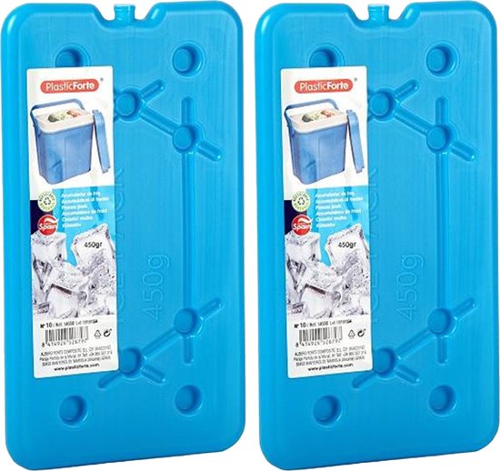 Plasticforte koelelementen 450 gram - 2x - 14 x 25 x 1 cm - blauw - voor koelbox en koeltas van Merkloos