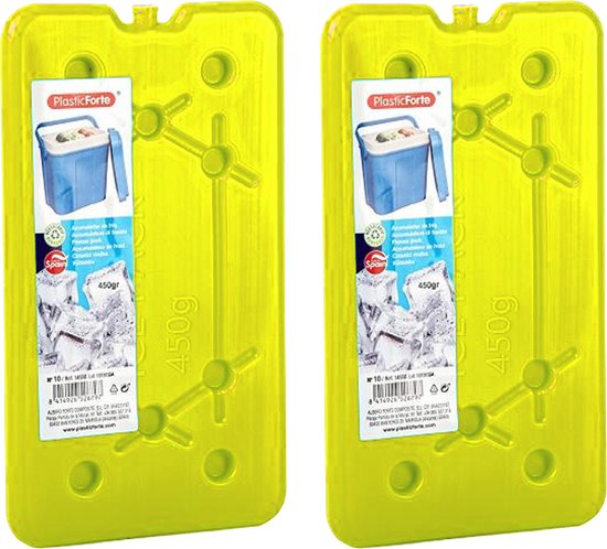 Plasticforte koelelementen 450 gram - 2x - 14 x 25 x 1 cm - geel - voor koelbox en koeltas van Plasticforte