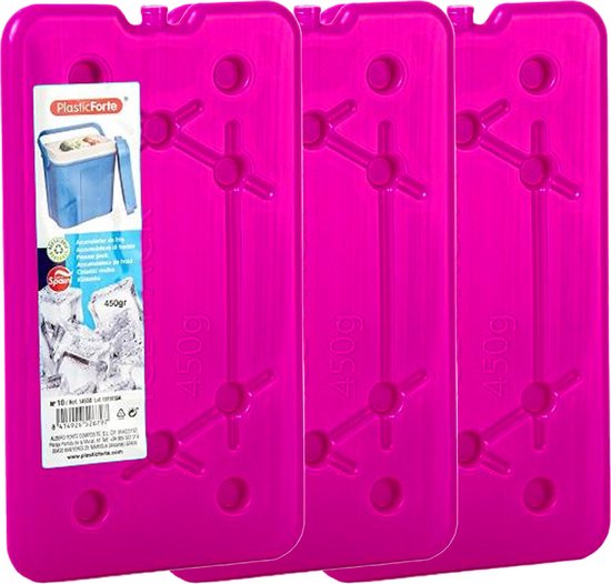 Plasticforte koelelementen 450 gram - 3x - 14 x 25 x 1 cm - roze - voor koelbox en koeltas