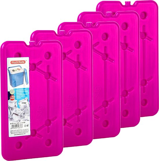 Plasticforte koelelementen 450 gram - 5x - 14 x 25 x 1 cm - roze - voor koelbox en koeltas