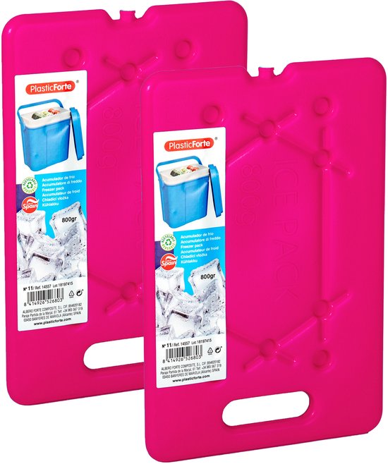Plasticforte Platte dunne Koelelementen 800 gram - 2x - 30 x 20 x 1.5 cm - roze - Voor koelbox en koeltas