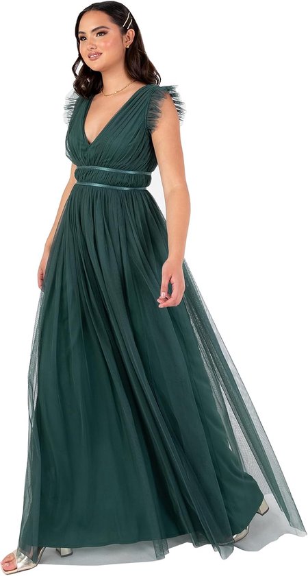 Plaza collection limited Anaya with Love Maxi-jurk voor dames, kapmouw V-hals satijnen detail tule A-lijn bruidsmeisje bruiloft gast gelegenheid prom baljurk, smaragdgroen 18, Emerald Groen, 44