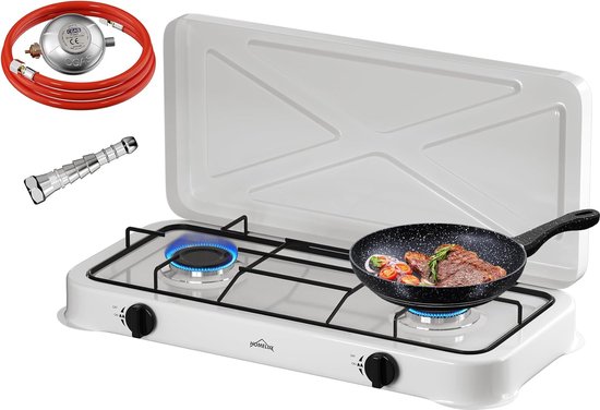 Pluto® - Homelux - Vrijstaande Gaskookplaat - Los Gasfornuis - Voor Thuis, Buiten of Camping - Kampeerkooktoestellen - 2-Pits - Wit van Pluto