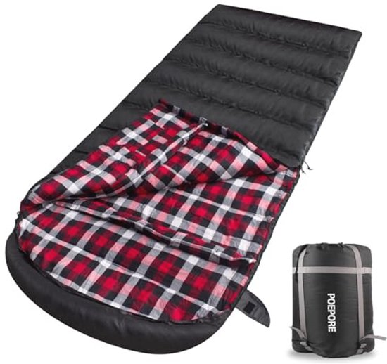 Poepore XXL Slaapzak, outdoor, voor volwassenen, 3-4 seizoenen, katoen, flanellen voering, camping, slaapzakken, winter, dekenslaapzak met kussen, waterdicht en warm, 230 x 90 cm van POEPORE