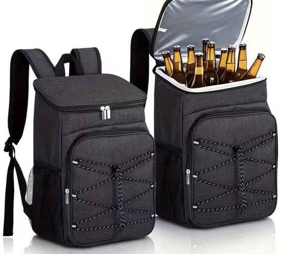PolkaHome Grote geïsoleerde rugzak koeltas - 20 liter - Zwart - Voor lunch, picknick en reizen - Meerdere vakken - Verstelbare banden