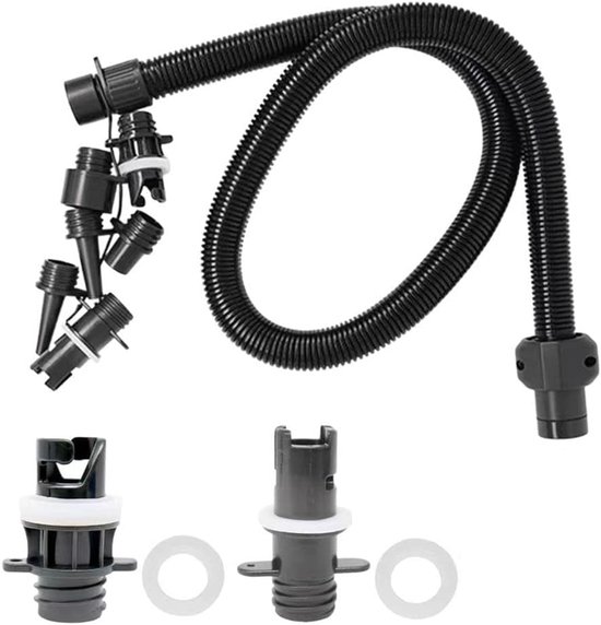 Pomp Adapter Set - Slang Kit Opblaas Adapter - Watersport Oppompen - 7 Verschillende Nozzles - 1 Meter Slang - Zwart