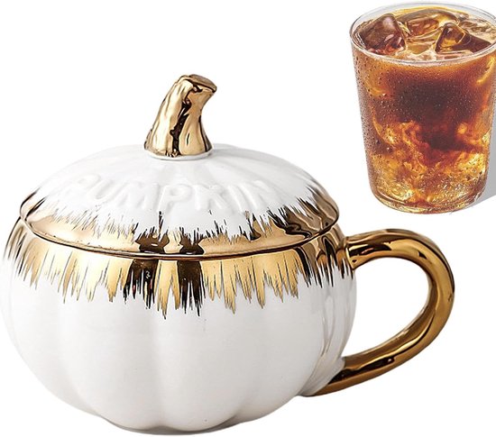 Pompoen Mok - Koffie Mok - Feestelijke Decoratie - Met Deksel Lepel - 300 ml - Wit