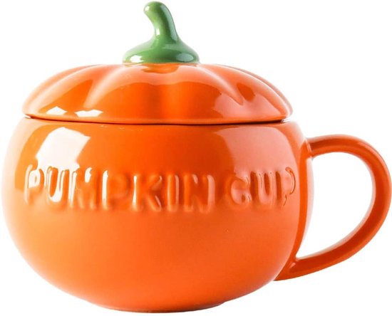 Pompoen mok met deksel, keramische mok van 4,7 inch hoog, pompoenvormige keramische mok voor melk en ontbijtgranen, met deksel, geschikt voor thuisgebruik en Halloween-feestjes