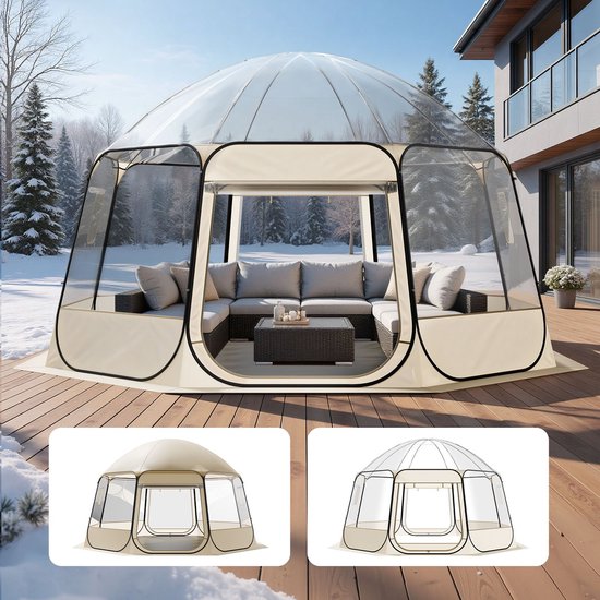 Pop-up Bubbel Tent - Iglo Koepeltent - 458 x 432 x 230 cm - Panoramisch Uitzicht - Met Ramen - Voor 12-15 Personen - Voor Tuin en Terras - Transparant van SKYLUX
