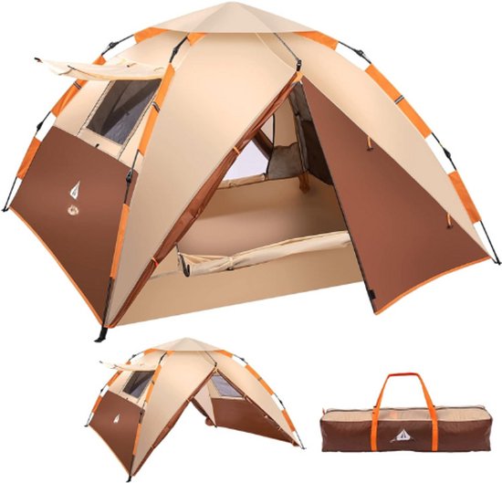 Pop Up Camping Tent Voor 4 Personen – Automatische Familietent Met 2 Mesh Deuren, 2 Ramen En Dakraam – Waterdichte Winddichte Dubbellaagse Koepeltent Met Draagtas Voor Kamperen, Wandelen En Backpacken van Merkloos
