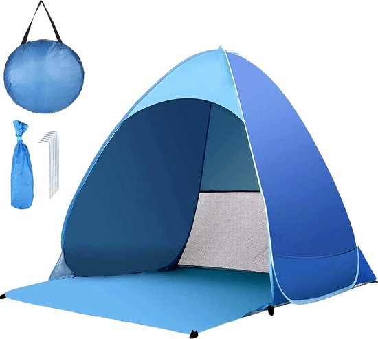 Pop-up, draagbare extra lichte automatische strandtent, zonnescherm voor 2-3 personen, inclusief draagtas en haringen, UV-bescherming, strandtent voor familiestrandtuinkamperen van POP