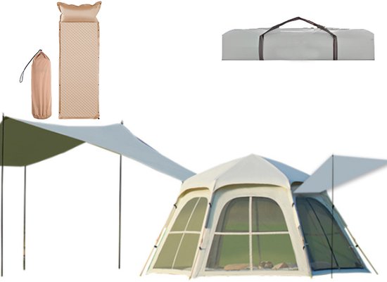 Pop-up Familietent 4 Personen – XXL Zonnescherm – Inclusief Slaapmat – Waterdichte Koepeltent – Opzetten in 3 Seconden – Voorluifel en Draagtas – Wit