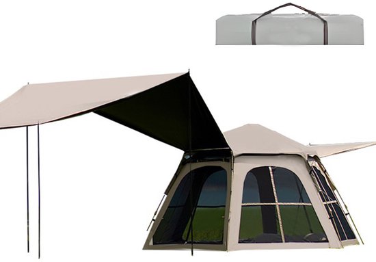 Pop-up Familietent met XXL Zonnescherm - 4-Persoons Koepeltent - Opzetten in 3 Seconden - Inclusief Voorluifel voor Extra Leefruimte - Waterdichte kampeertent - pop up tent voor Kamperen - festival tent + Draagtas - Kaki van Merkloos