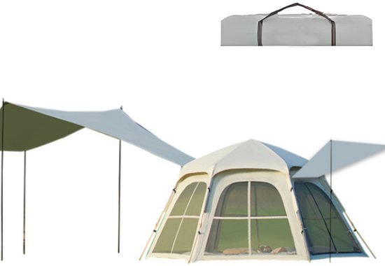Pop-up Familietent met XXL Zonnescherm - 4-Persoons Koepeltent - Opzetten in 3 Seconden - Inclusief Voorluifel voor Extra Leefruimte - Waterdichte kampeertent - pop up tent voor Kamperen - festival tent + Draagtas - Wit van Merkloos