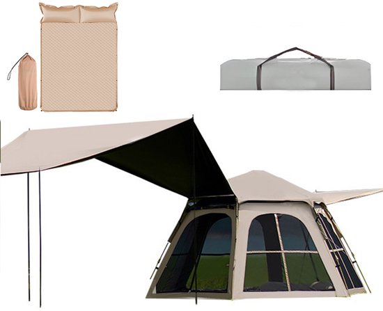 Pop-up Familietent met XXL Zonnescherm en Slaapmat - 4-Persoons Koepeltent - Opzetten in 3 Seconden - Inclusief Voorluifel voor Extra Leefruimte - Waterdichte kampeertent - pop up tent voor Kamperen - festival tent + Draagtas - Kaki