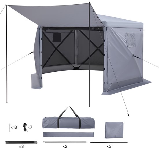 Pop-Up Gazebo Schermtent, 3.6 x 3.6 m 6-Zijdige Kampeer Canopy Met Verwijderbare Dak & Draagzak, Snelle Opbouw & Insectbestendig, Gedeckte Zonnescherm voor 8-10 Personen, Tuin Of Terras, Grijs van Merkloos
