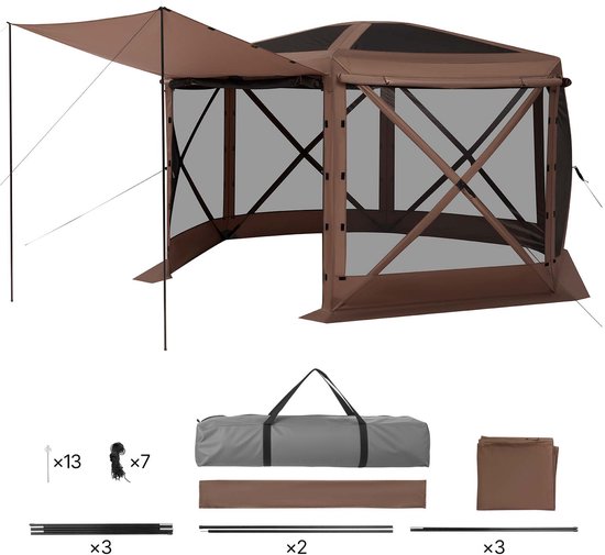 Pop-Up Gazebo Schermtent, 3.6 x 3.6 m Hexagonale Kampeer Canopy Met Losneembare Dak & Draagbare Zak, Eenvoudige Opbouw & Insectbestendig, Buiten Zonnescherm voor 8-10 Personen, Bruin van Merkloos
