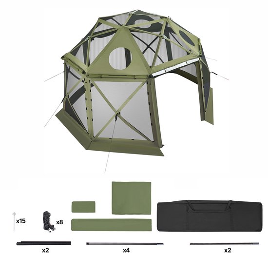 Pop-Up Gazebo Schermtent, 3.96 x 3.96 m, 13-Zijdige Dome Kampeer Canopy Met Losneembare Dak & Draagzak, Eenvoudige Opbouw & Insectbestendig, Buiten Zonnescherm voor 10-12 Personen, Groen van Merkloos