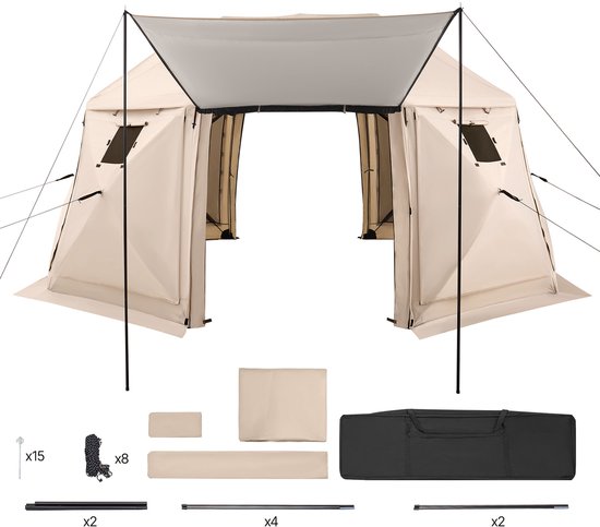 Pop-Up Gazebo Schermtent, 4.57 x 4.57 m, 13-Zijdige Dome Kampeer Canopytent Met Losneembare Dak & Draagzak, Eenvoudige Opbouw & Insectbestendig, Gedeckte Zonnescherm voor 12-15 Personen, Beige van Merkloos