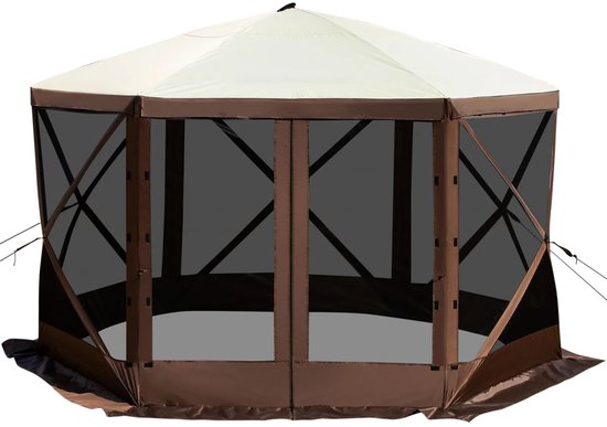 Pop-up kamperen Gazebo 12x12 - 6-zijdig Camping Canopy Shelter - Waterdicht - B3 Mesh Ventilatie - Zand- en Insectbestendig - Pop-up Ontwerp - Inclusief Accessoires - Voor 8 Personen van Merkloos