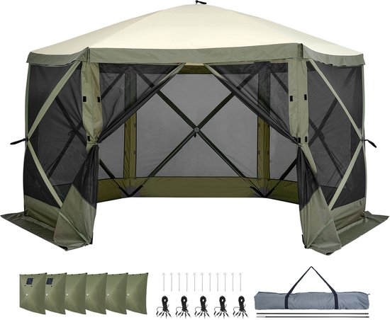 Pop-up Paviljoentent, 6-Zijdig Zonnescherm met Verwijderbare Privacypanelen en Gaasramen, 12x12FT Snel Opzetbare Schermtent met Muskietennet, Legergroen van Merkloos