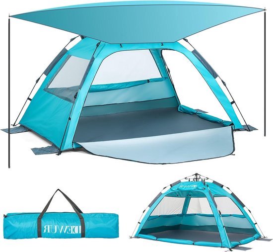 Pop-up Strandschelptent voor 2-4 personen met Zonnezeil - UPF 50+ UV-bescherming - Waterdicht - Blauw van Merkloos