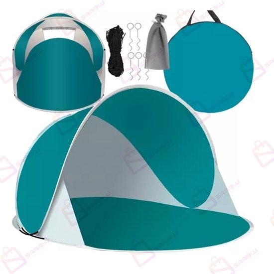 POP-UP Strandtent 190x120x86 cm – Zelfopenend – UV 30+ Bescherming – Lichtgewicht met Muskietennet – Inclusief Haringen en Draaghoes – Blauw/Grijs – 51570 van Merkloos