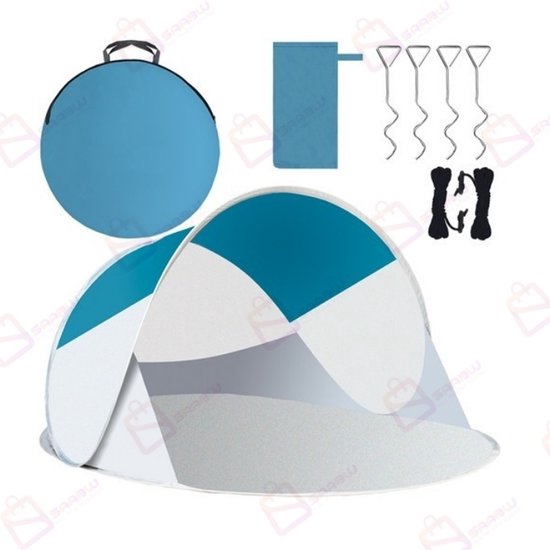 POP-UP Strandtent 220x120x90 cm – Semi-open – Bescherming Tegen Zon en Wind – Zelfopenend in 2 seconden – Lichtgewicht Draagbaar – Inclusief Haringen en Draagtas – Blauw-Grijs – 36317 van Merkloos