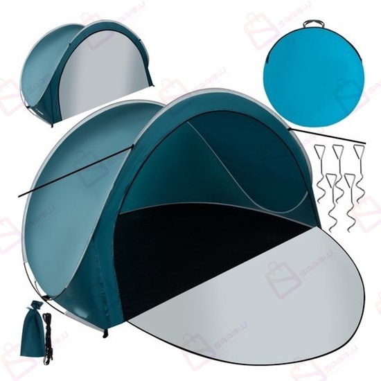 POP-UP Strandtent 3 Personen 200x120x110 cm – Zelfopenend met Rits – Wind- en Zonbescherming – Inclusief Haringen en Draagtas – Blauw/Wit – 52657 van Merkloos