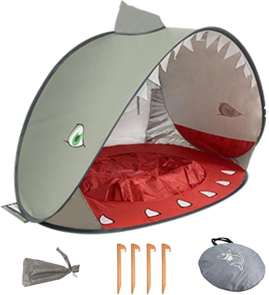 Pop-up strandtent met uv-bescherming en zandbak schelp met grondnagels - Winddicht en babystrandtent voor strand, park, camping, gazon - UV-bescherming SPF 50+ - Hondentent outdoor haai grijs van Merkloos