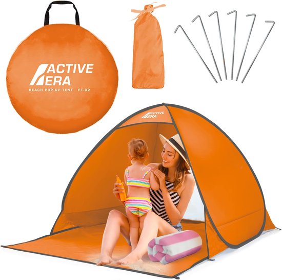 Pop-up strandtent met UV-bescherming, UPF 50+ strandtent, windbescherming strand, tent voor 2-3 personen inclusief draagtas en haringen - oranje van POP