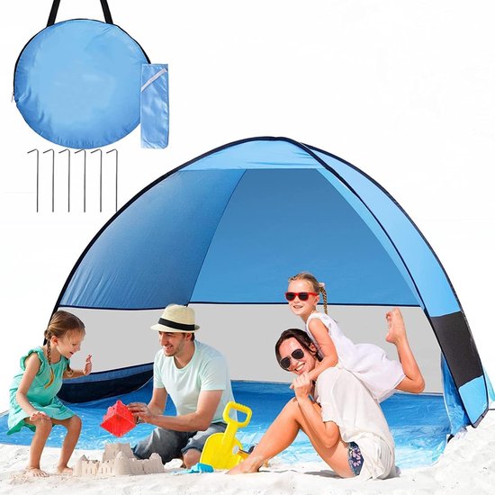 Pop-up Strandtent - Ruime Zonnetent - UV50+ Bescherming - Mesh raam voor optimale ventilatie - Incl. opbergtas en 6 grondharingen - 200x165x130 cm - Open Design - Blauw