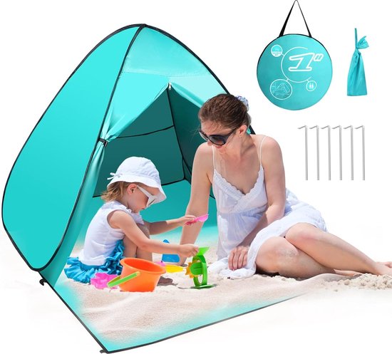 Pop-up strandtent, strandtent met uv-bescherming, windscherm en ritsdeur, draagbare strandtent voor 2-3 personen, familie, baby, kinderen, strandtent voor outdoor, camping, tuin van POP