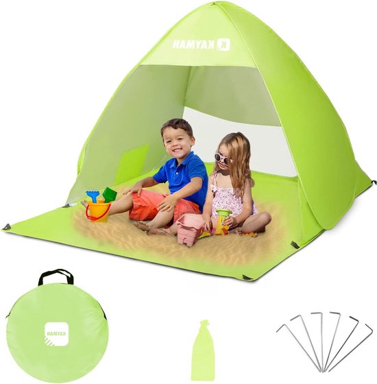 Pop-up strandtent UPF 50+ uv-bescherming 3-4 personen draagtas winddicht ritsdeur familie hond park tuin strand groen van POP